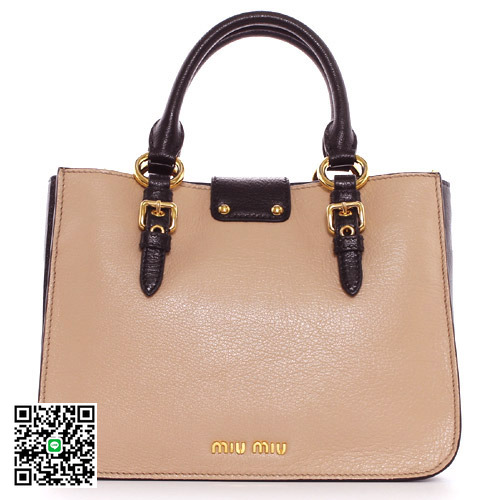 ミュウミュウ miumiu MADRAS BICOLORE カーフレザー ハンドバッグ ピンクベージュ【CIPRIA】＆ブラック RN07992A11G44 スーパーコピー